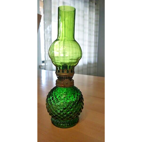 Mid Century Vintage Green Glass Hobnail Miniature Oil Lamp Lantern 8" Rare - Picture 6 of 7